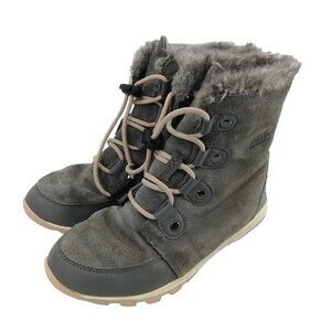 Sorel Gray Winter Snow Boots Faux Fur Size 6 Explorer Joan Leather Suede Quarry